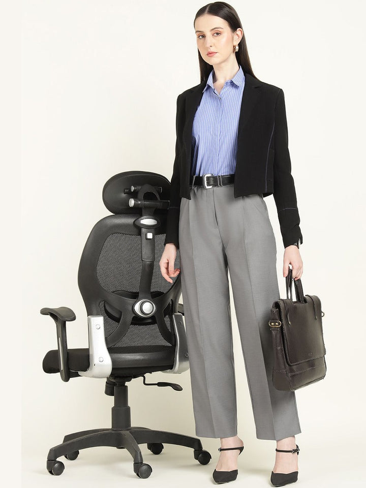 Hancock Women Grey Solid Polyester Wide Leg Formal Trouser