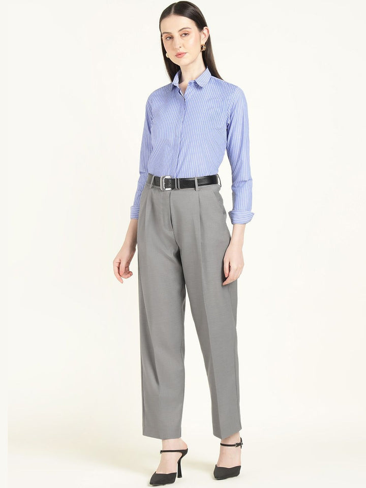 Hancock Women Grey Solid Polyester Wide Leg Formal Trouser