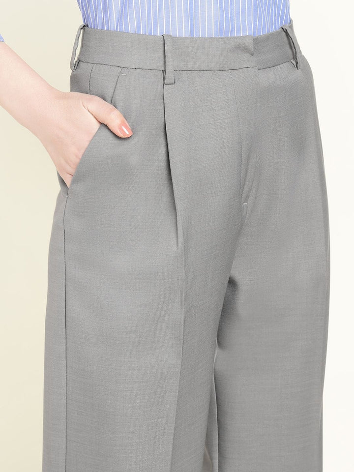 Hancock Women Grey Solid Polyester Wide Leg Formal Trouser