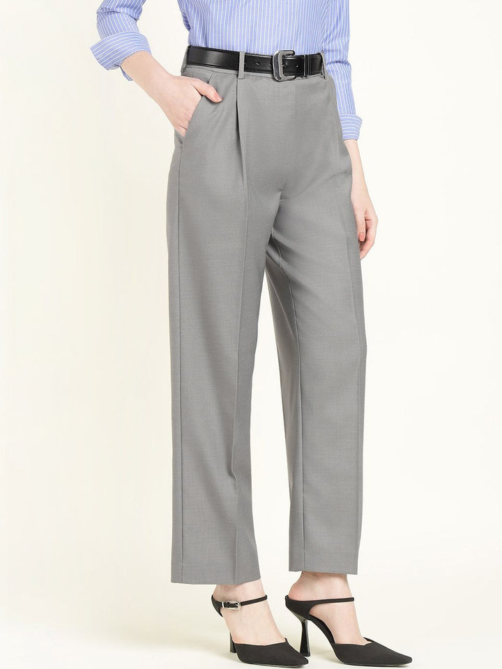 Hancock Women Grey Solid Polyester Wide Leg Formal Trouser