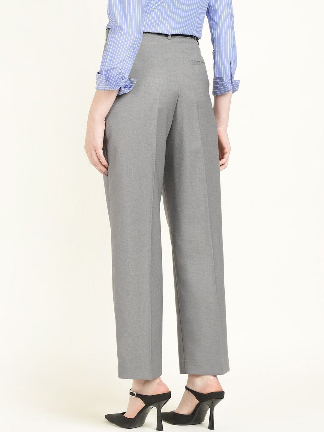 Hancock Women Grey Solid Polyester Wide Leg Formal Trouser