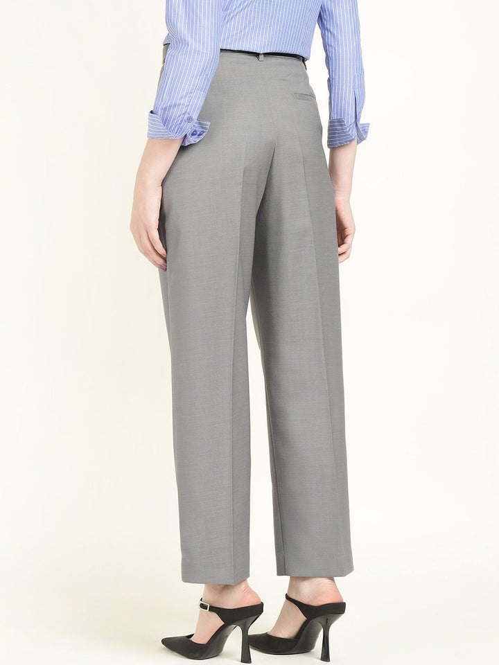 Hancock Women Grey Solid Polyester Wide Leg Formal Trouser