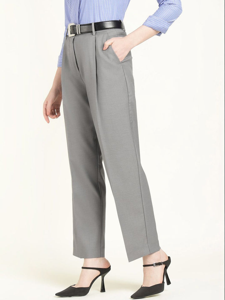 Hancock Women Grey Solid Polyester Wide Leg Formal Trouser