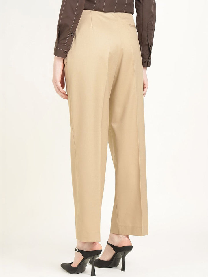 Hancock Women Beige Solid Polyester Wide Leg Formal Trouser