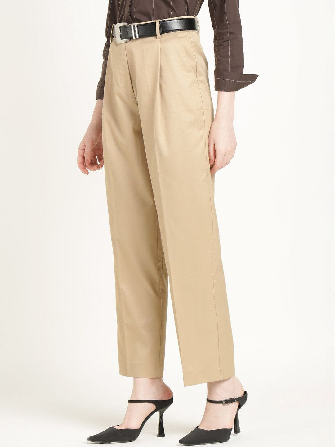 Hancock Women Beige Solid Polyester Wide Leg Formal Trouser