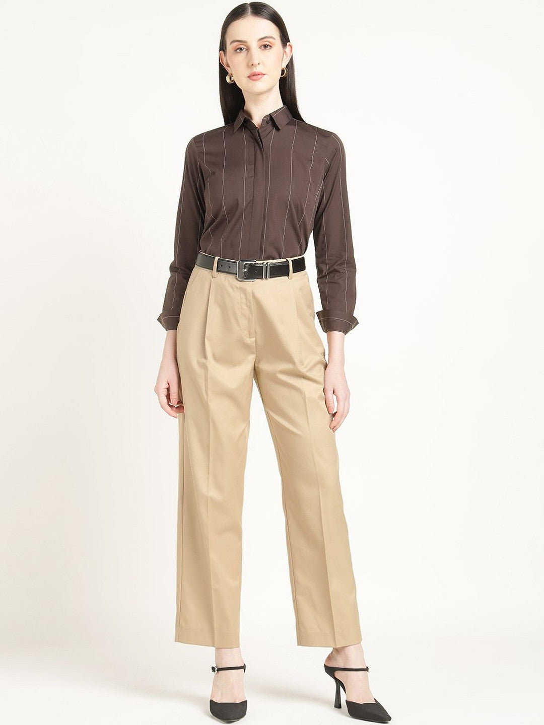Hancock Women Beige Solid Polyester Wide Leg Formal Trouser