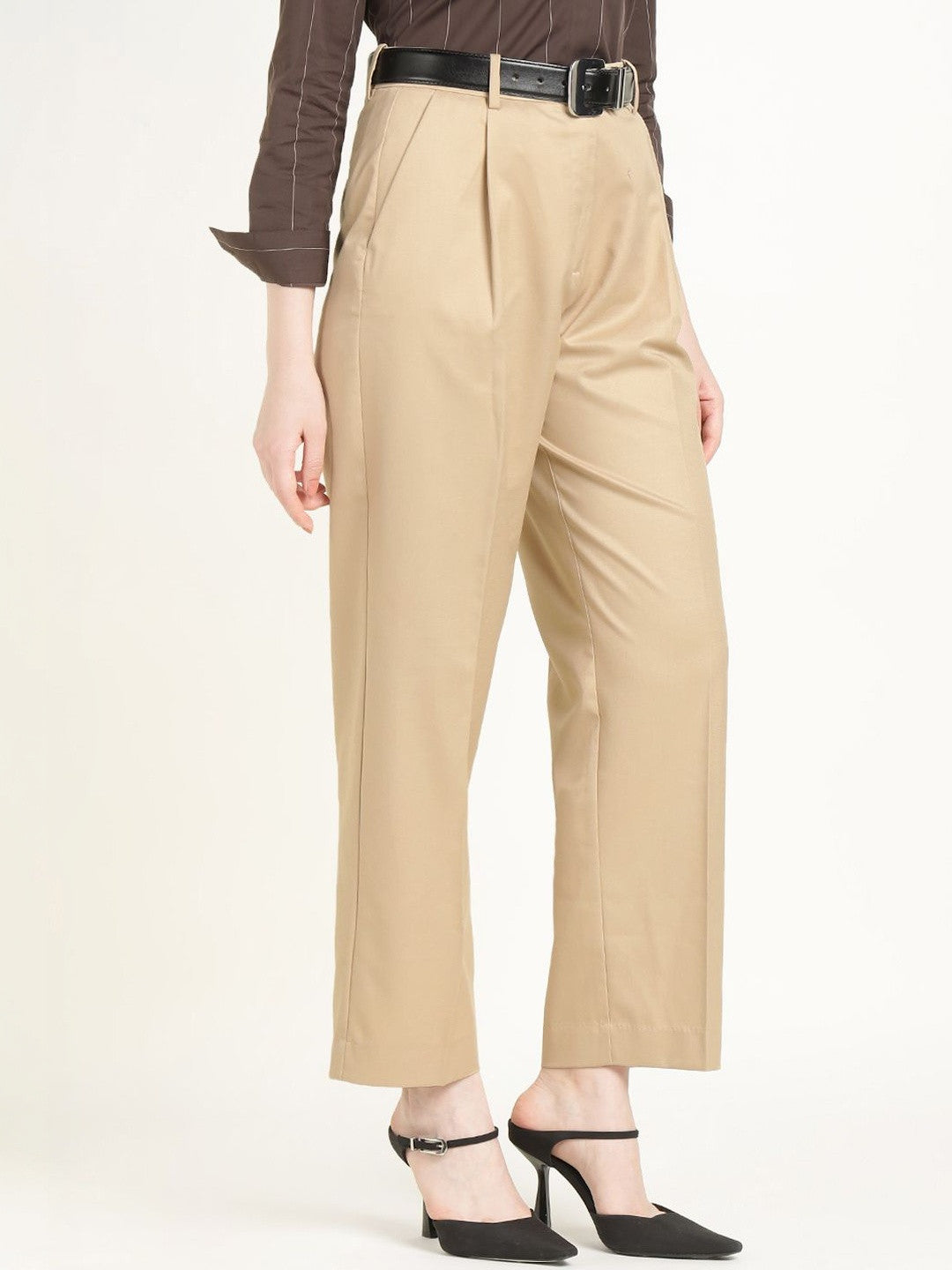 Hancock Women Beige Solid Polyester Wide Leg Formal Trouser