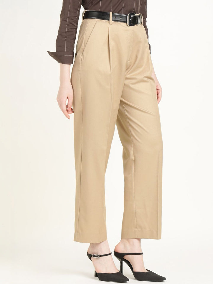 Hancock Women Beige Solid Polyester Wide Leg Formal Trouser