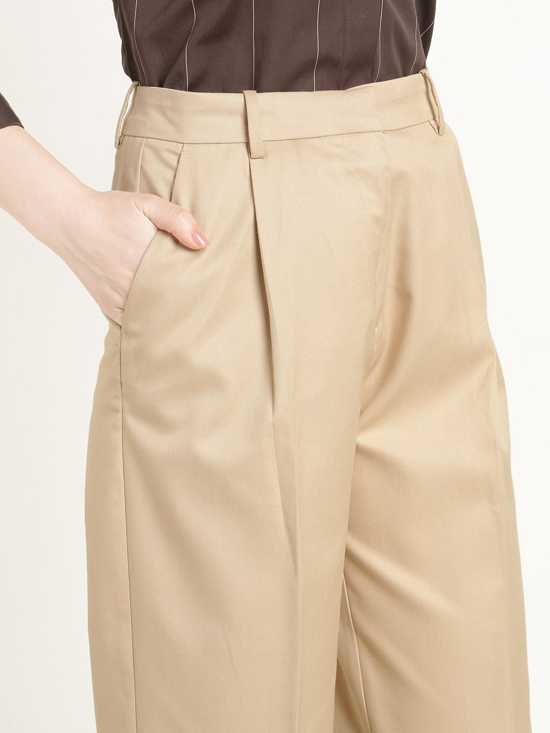 Hancock Women Beige Solid Polyester Wide Leg Formal Trouser