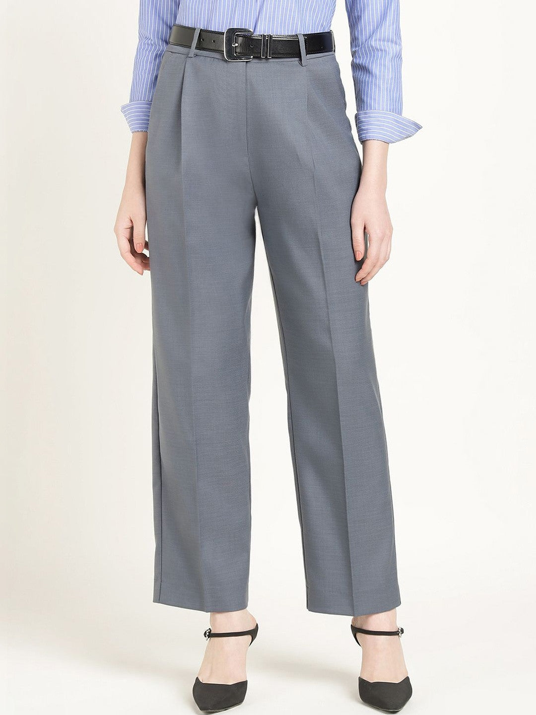 Hancock Women Oxford Blue Solid Polyester Wide Leg Formal Trouser