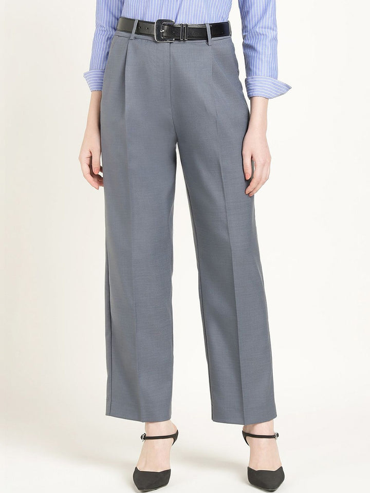 Hancock Women Oxford Blue Solid Polyester Wide Leg Formal Trouser