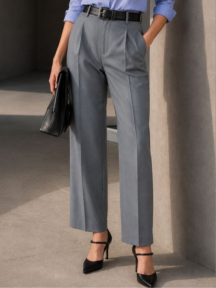 Hancock Women Oxford Blue Solid Polyester Wide Leg Formal Trouser