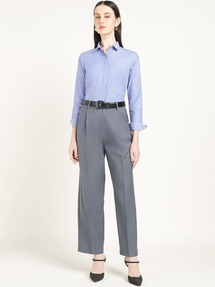 Hancock Women Oxford Blue Solid Polyester Wide Leg Formal Trouser