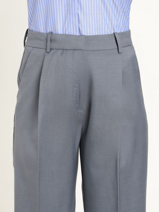 Hancock Women Oxford Blue Solid Polyester Wide Leg Formal Trouser