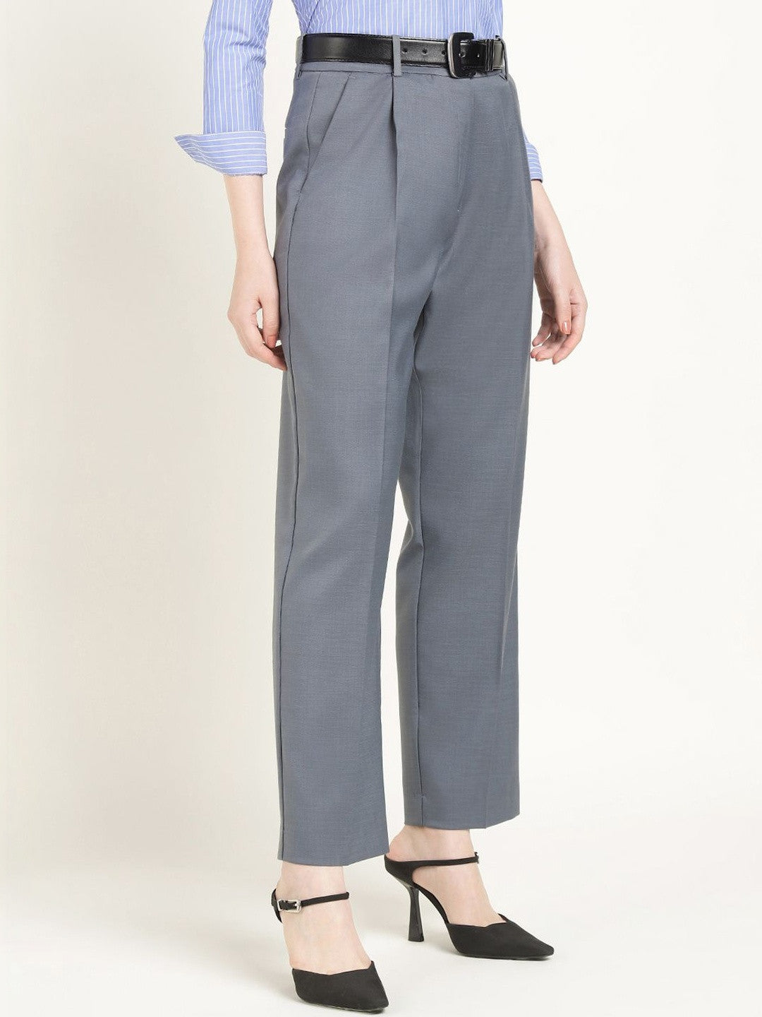 Hancock Women Oxford Blue Solid Polyester Wide Leg Formal Trouser
