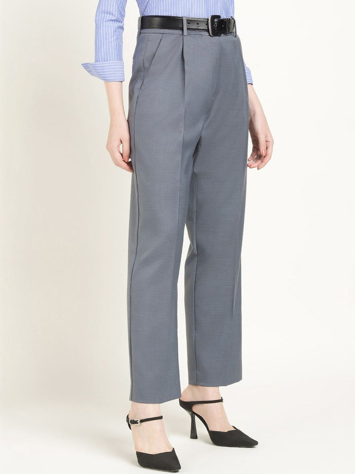 Hancock Women Oxford Blue Solid Polyester Wide Leg Formal Trouser