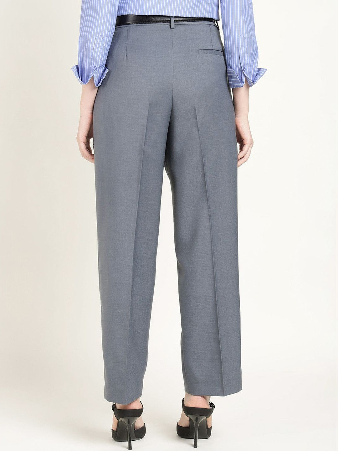 Hancock Women Oxford Blue Solid Polyester Wide Leg Formal Trouser