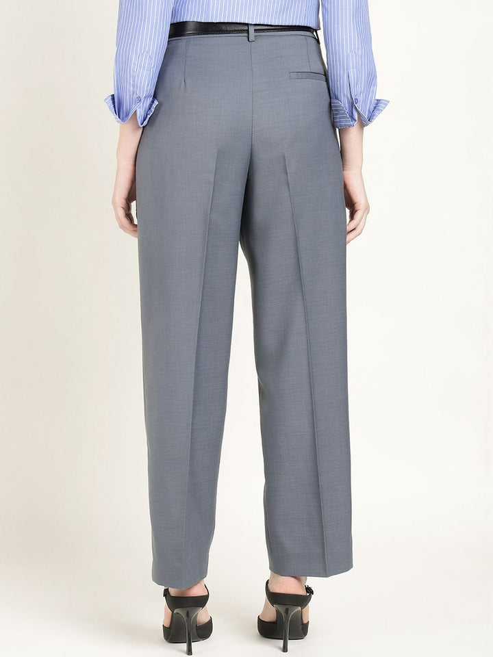 Hancock Women Oxford Blue Solid Polyester Wide Leg Formal Trouser