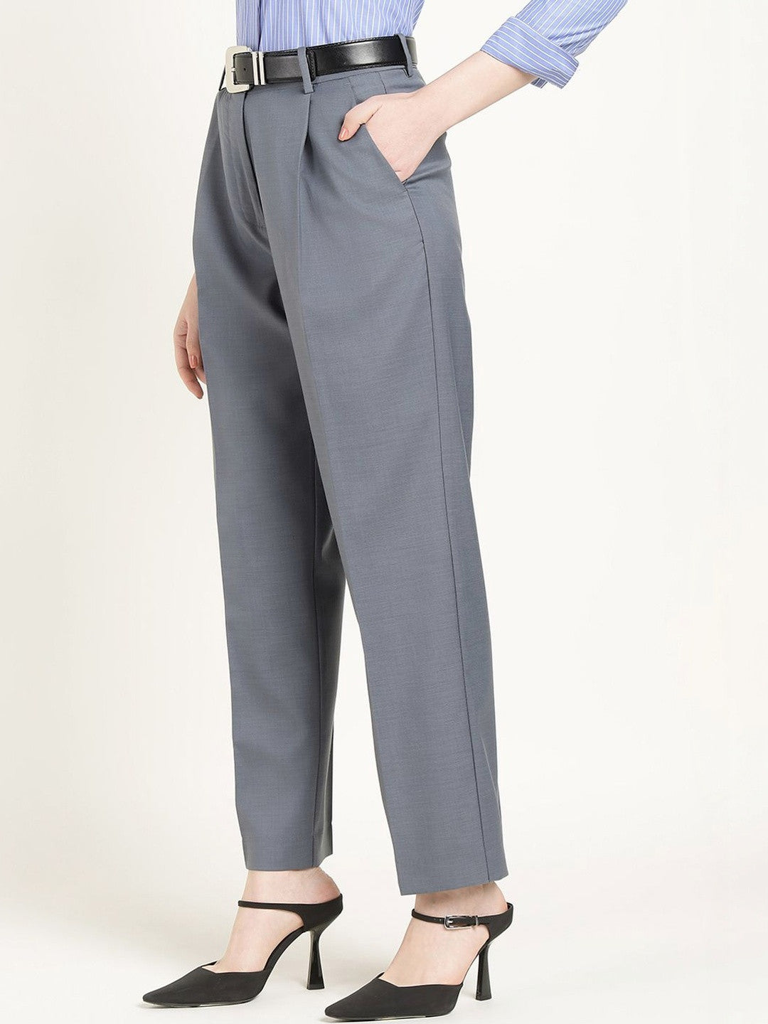 Hancock Women Oxford Blue Solid Polyester Wide Leg Formal Trouser