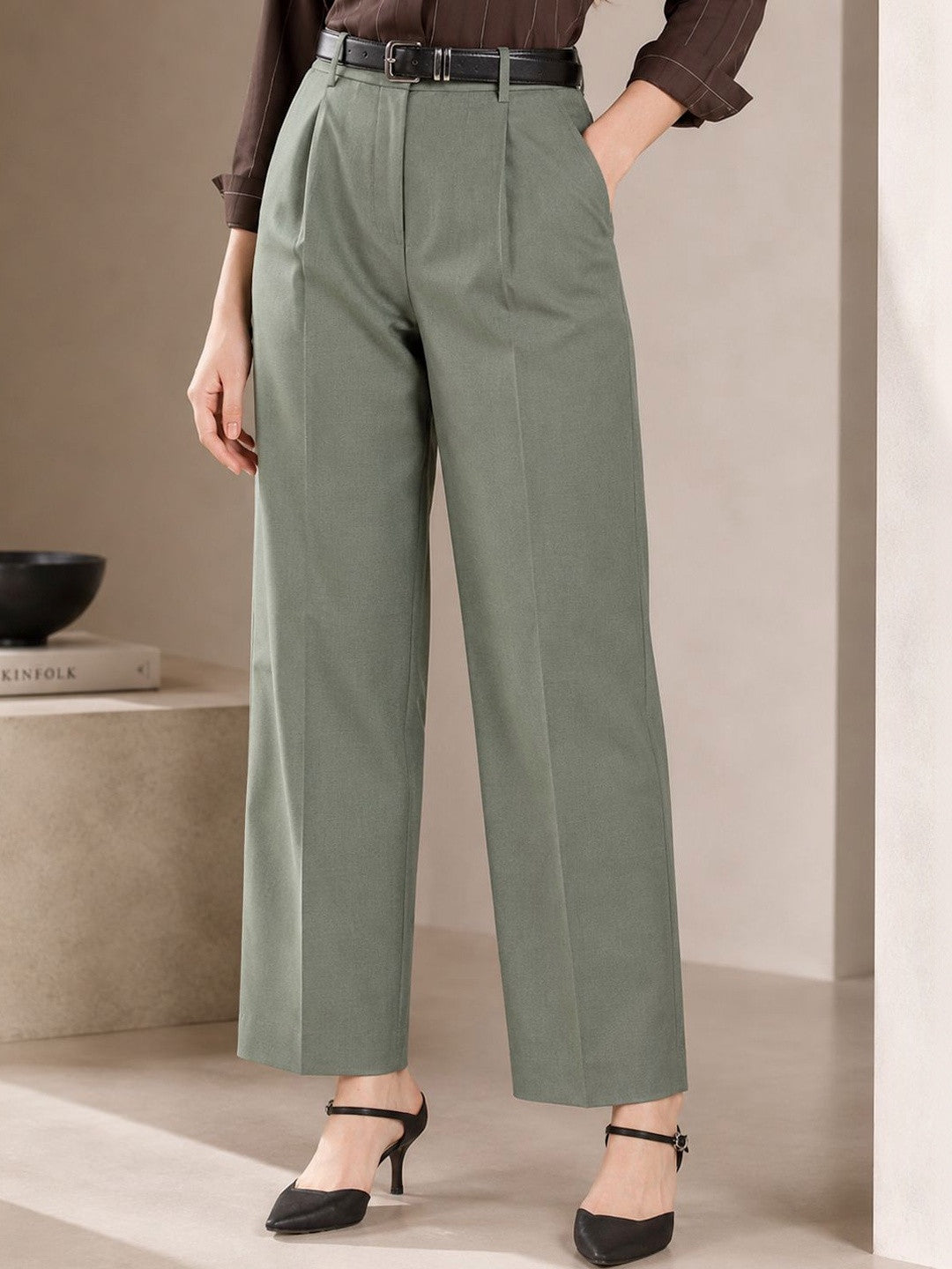 Hancock Women Olive Solid Polyester Wide Leg Formal Trouser