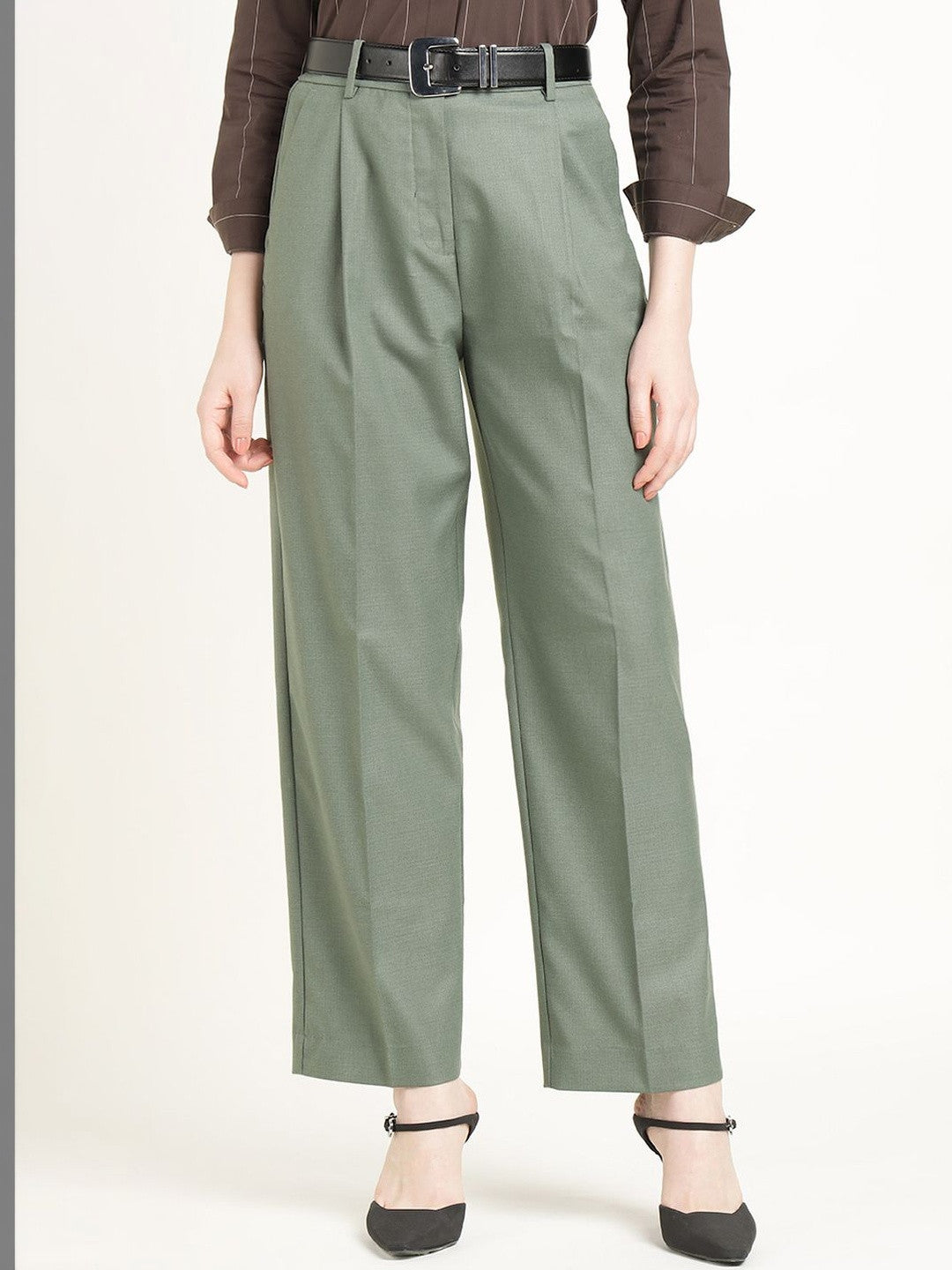 Hancock Women Olive Solid Polyester Wide Leg Formal Trouser