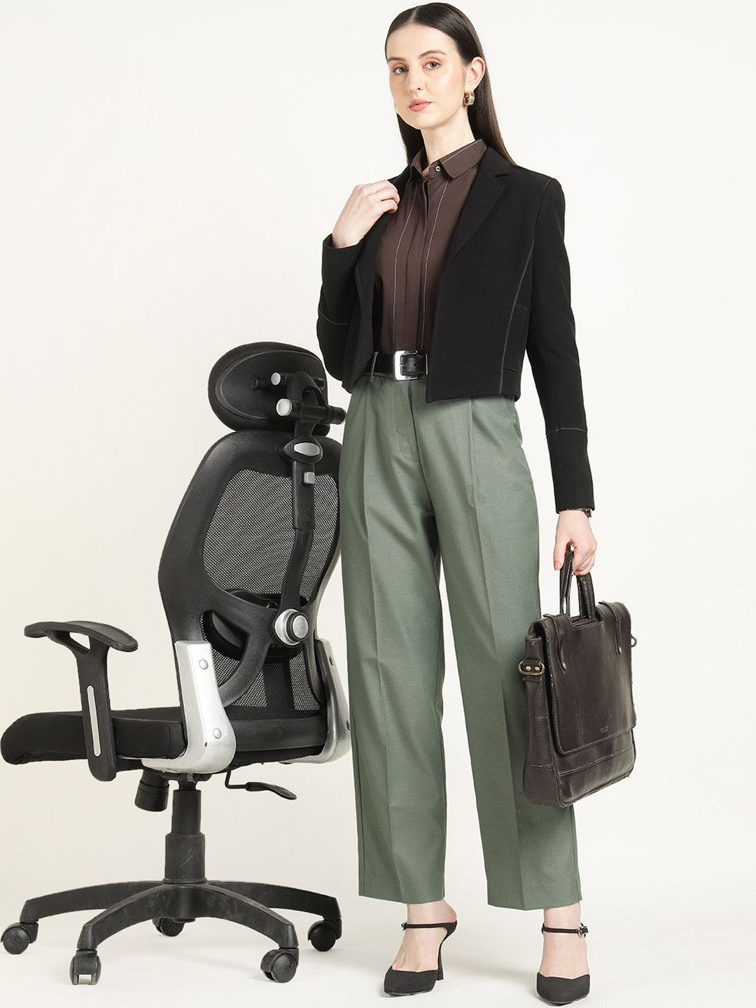 Hancock Women Olive Solid Polyester Wide Leg Formal Trouser
