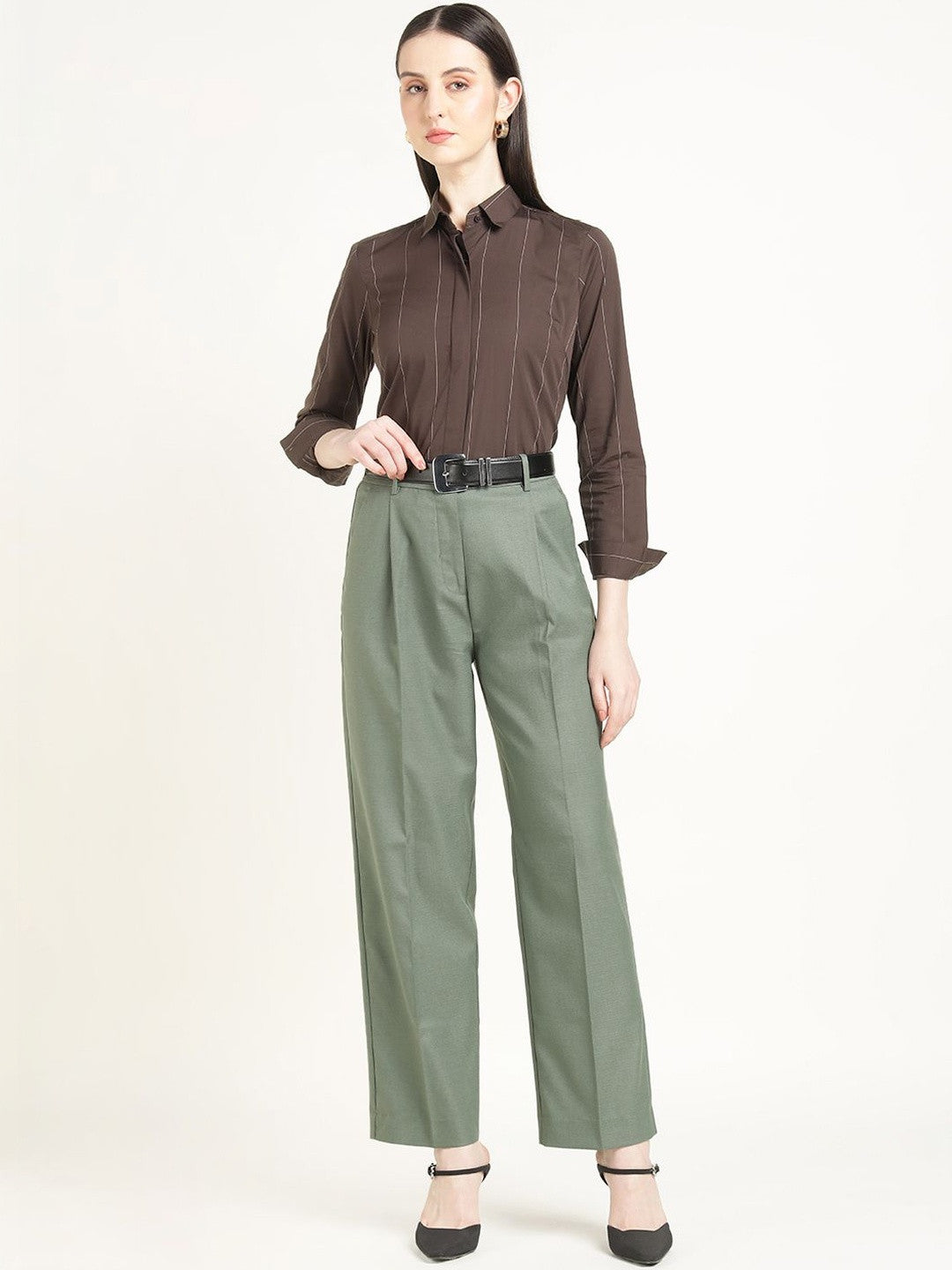 Hancock Women Olive Solid Polyester Wide Leg Formal Trouser
