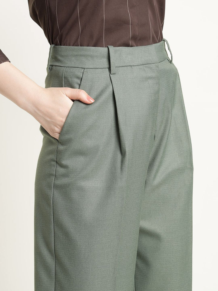 Hancock Women Olive Solid Polyester Wide Leg Formal Trouser
