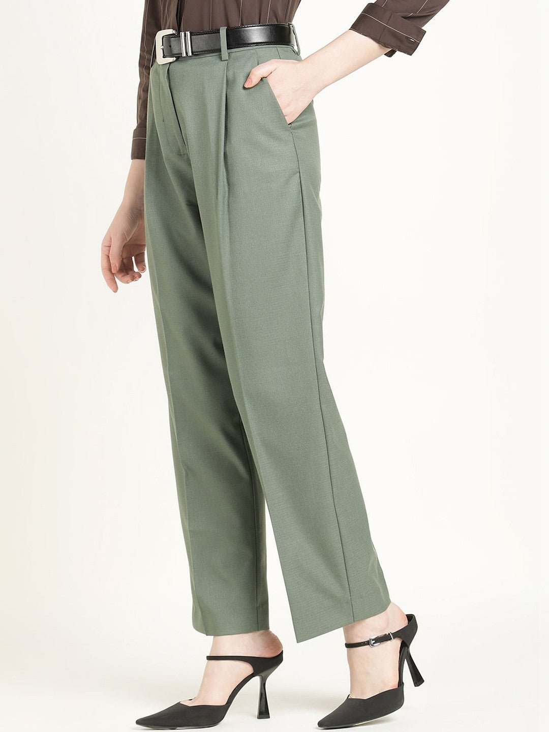 Hancock Women Olive Solid Polyester Wide Leg Formal Trouser