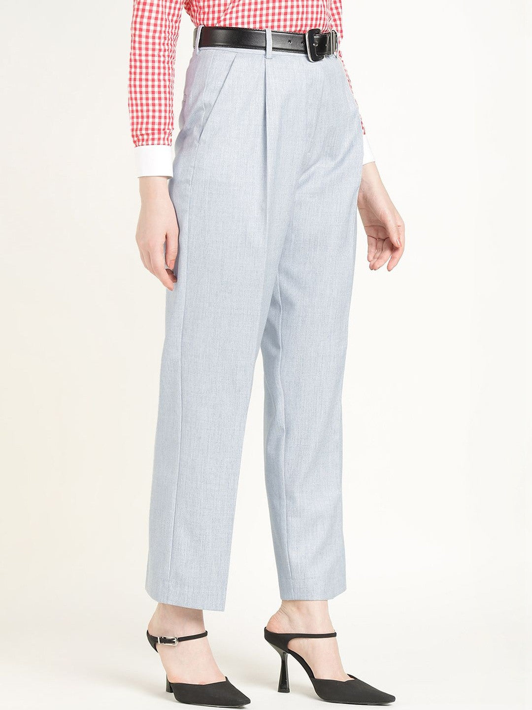 Hancock Women Steel Grey Solid Polyester Wide Leg Formal Trouser