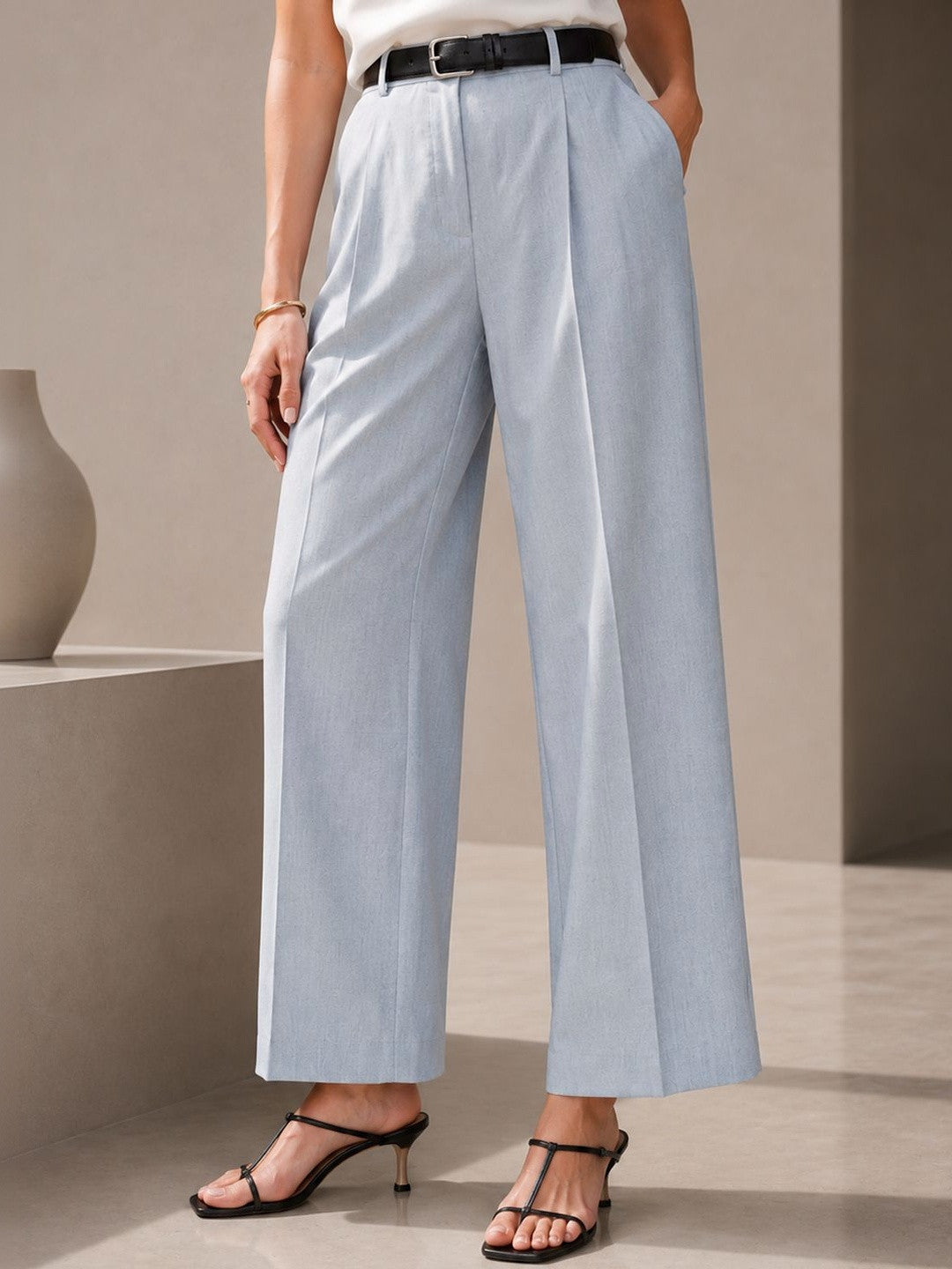 Hancock Women Steel Grey Solid Polyester Wide Leg Formal Trouser