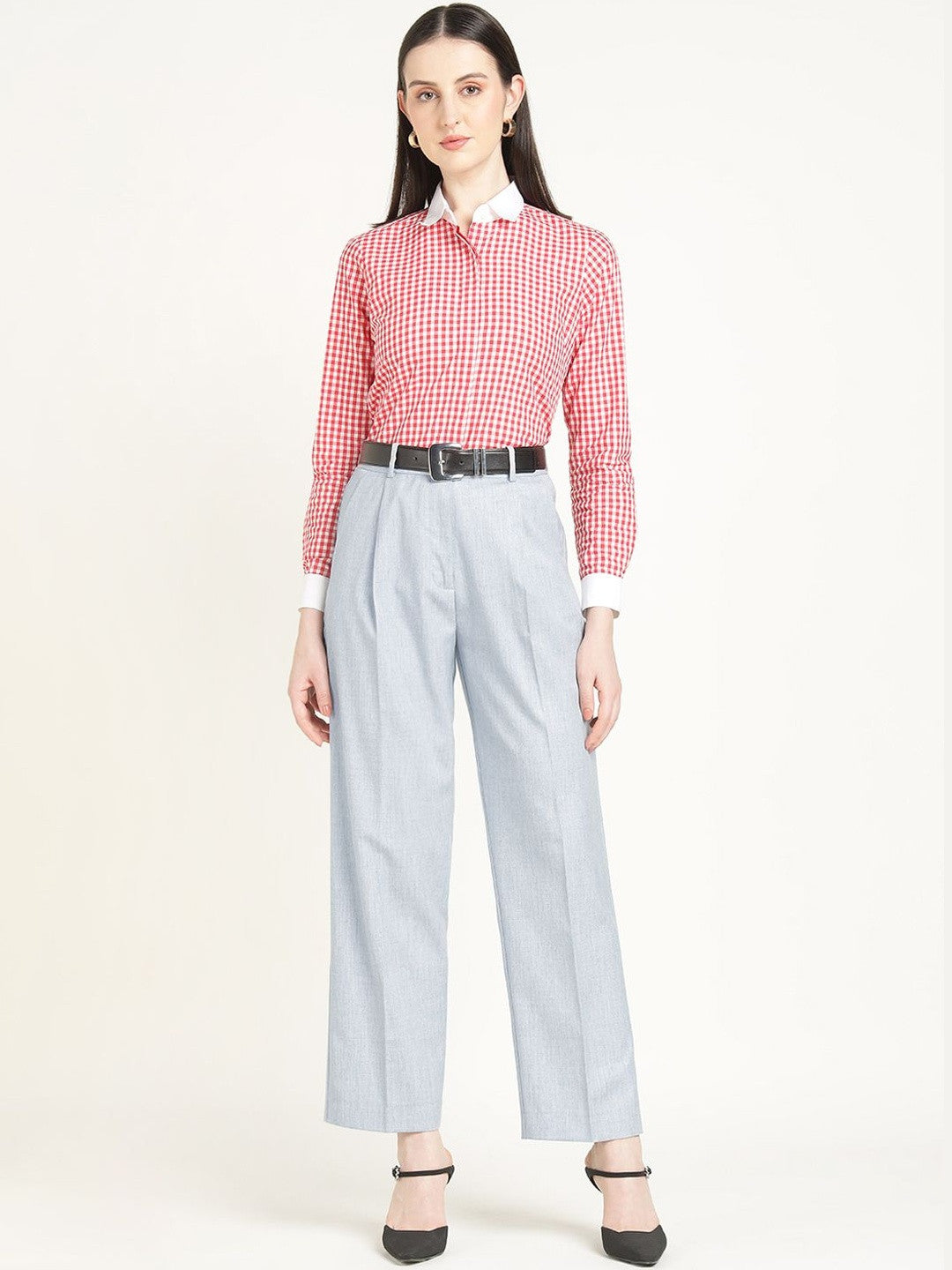 Hancock Women Steel Grey Solid Polyester Wide Leg Formal Trouser