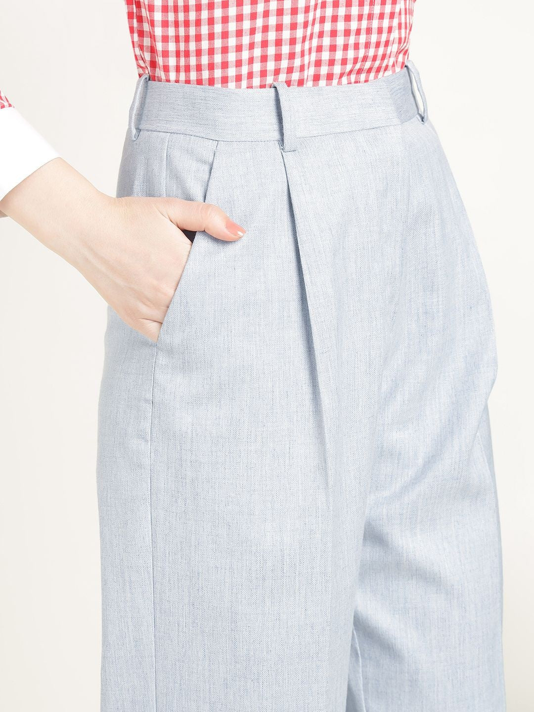 Hancock Women Steel Grey Solid Polyester Wide Leg Formal Trouser