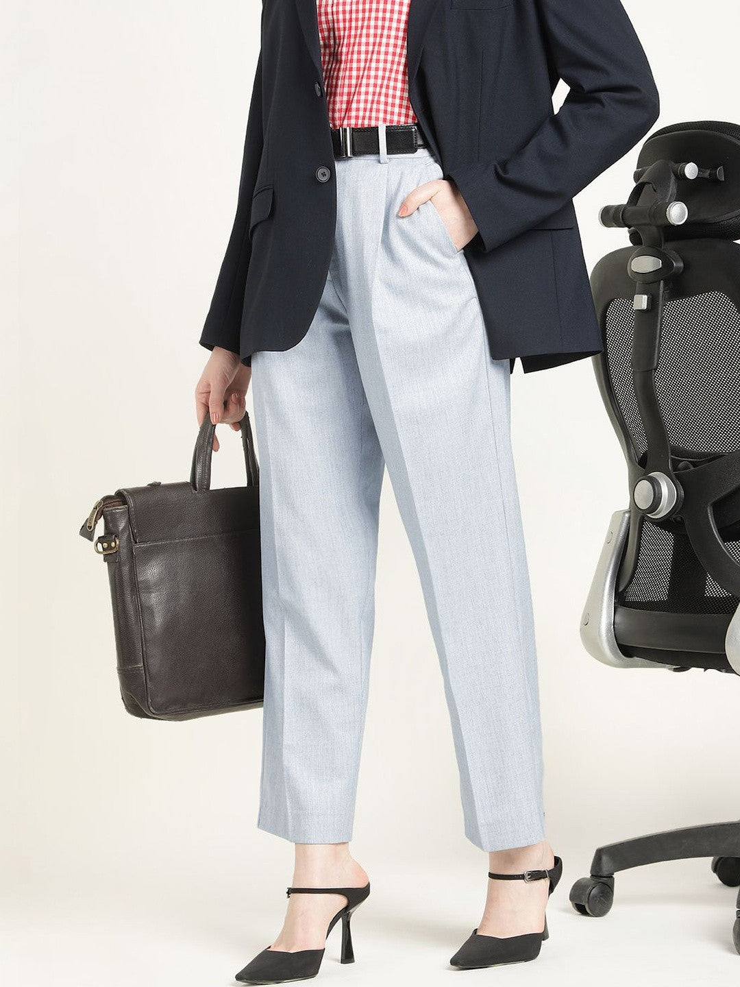 Hancock Women Steel Grey Solid Polyester Wide Leg Formal Trouser