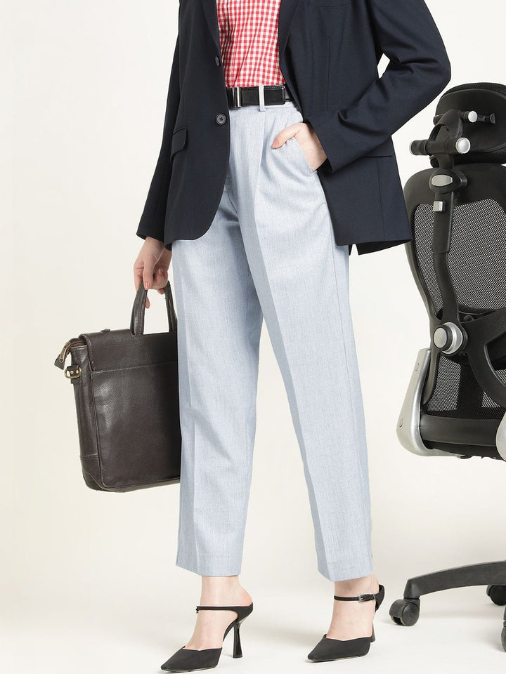 Hancock Women Steel Grey Solid Polyester Wide Leg Formal Trouser