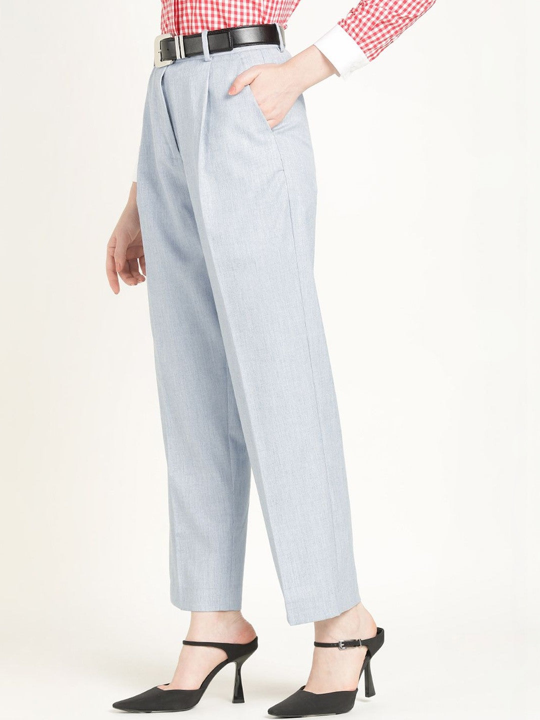 Hancock Women Steel Grey Solid Polyester Wide Leg Formal Trouser