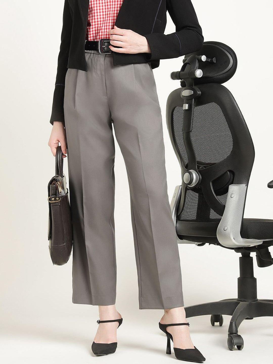 Hancock Women Slate Grey Solid Polyester Wide Leg Formal Trouser