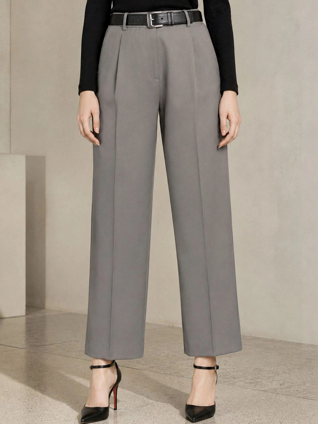 Hancock Women Slate Grey Solid Polyester Wide Leg Formal Trouser