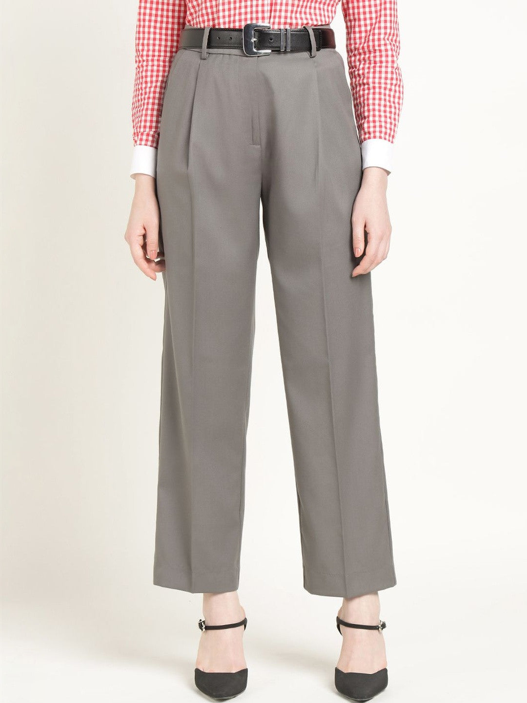 Hancock Women Slate Grey Solid Polyester Wide Leg Formal Trouser