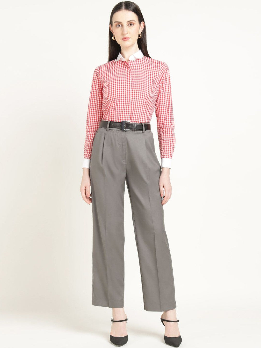 Hancock Women Slate Grey Solid Polyester Wide Leg Formal Trouser