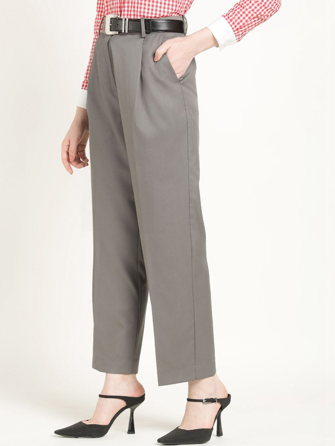 Hancock Women Slate Grey Solid Polyester Wide Leg Formal Trouser