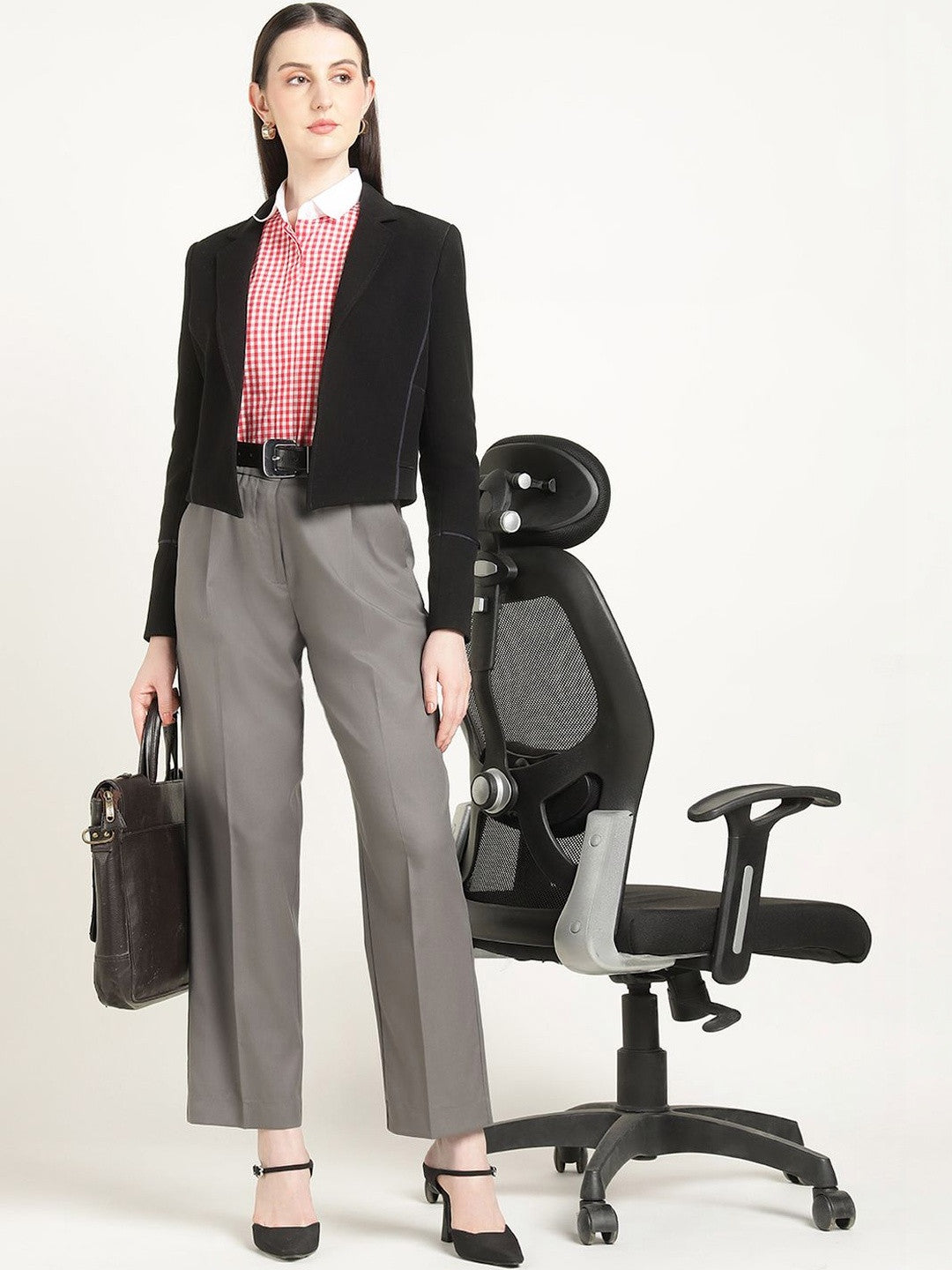 Hancock Women Slate Grey Solid Polyester Wide Leg Formal Trouser