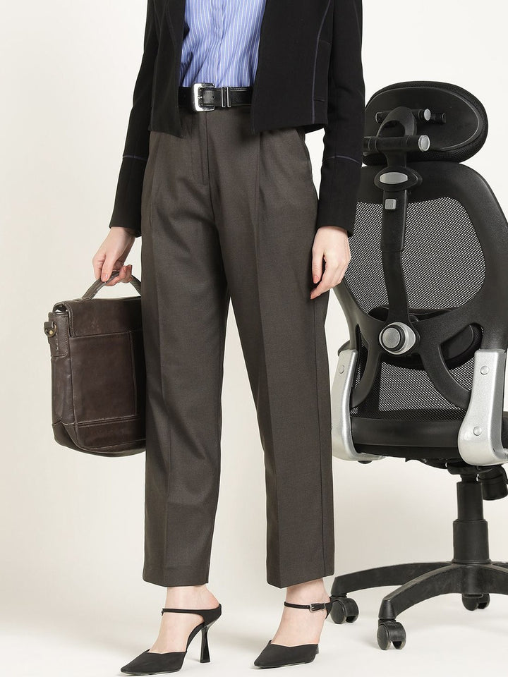 Hancock Women Taupe Grey Solid Polyester Wide Leg Formal Trouser