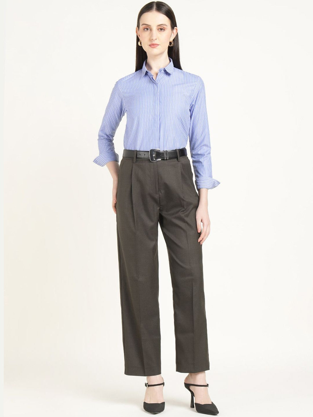 Hancock Women Taupe Grey Solid Polyester Wide Leg Formal Trouser