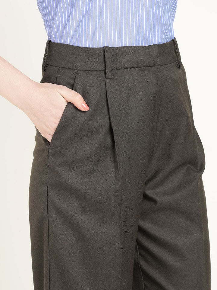 Hancock Women Taupe Grey Solid Polyester Wide Leg Formal Trouser