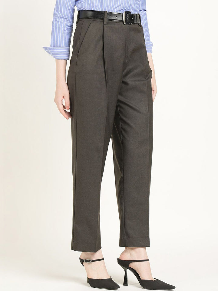 Hancock Women Taupe Grey Solid Polyester Wide Leg Formal Trouser