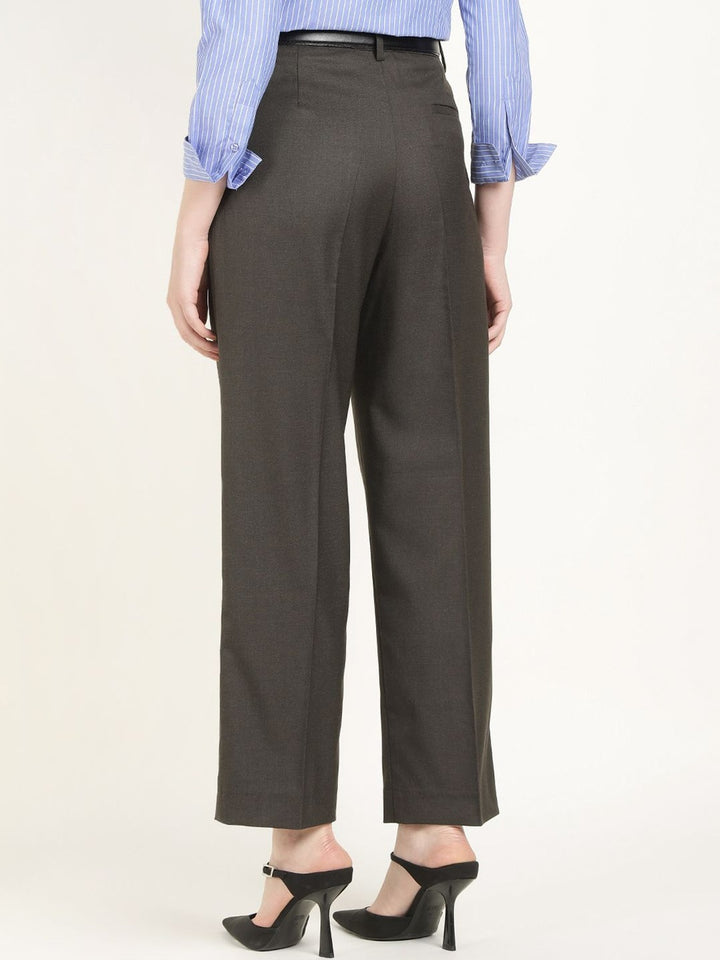 Hancock Women Taupe Grey Solid Polyester Wide Leg Formal Trouser