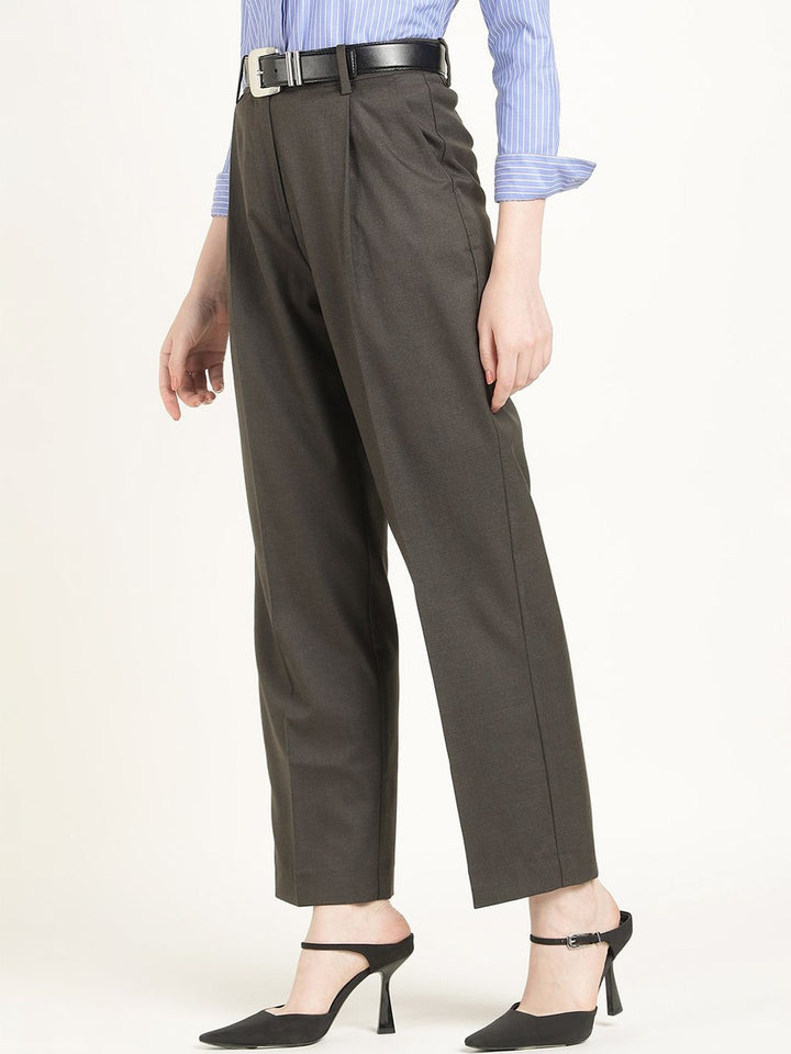 Hancock Women Taupe Grey Solid Polyester Wide Leg Formal Trouser