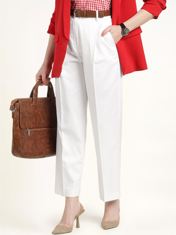Hancock Women White Solid Polyester Wide Leg Formal Trouser