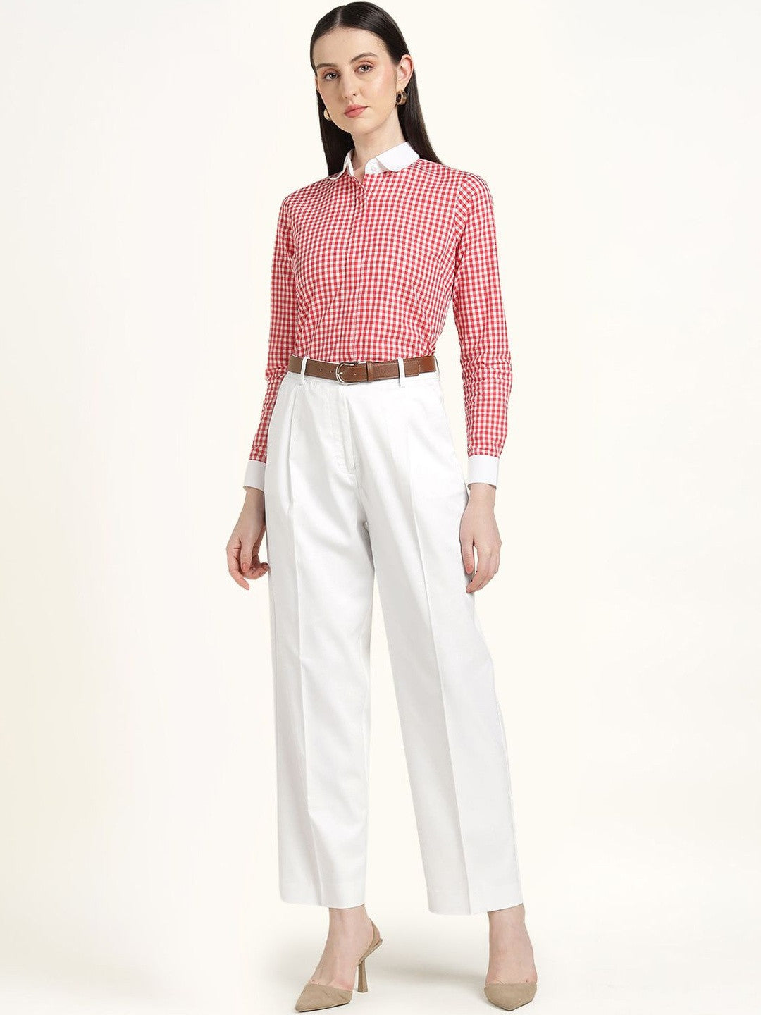 Hancock Women White Solid Polyester Wide Leg Formal Trouser